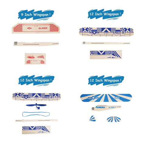 Balsa Wood Airplane Kit 4 Pack With Rubber Band Powered Gliders For Kids, showing parts with various wingspans for easy assembly.