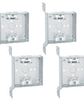 Four Pack Four Inch Welded Square Electrical Box With MC Clamp And Side Bracket Depth Two And One Eighth Inches With One Half And Three Quarter Inch Knockouts Ideal For Lighting Fixtures Switches And Receptacles UL Listed; four boxes shown from front angle.