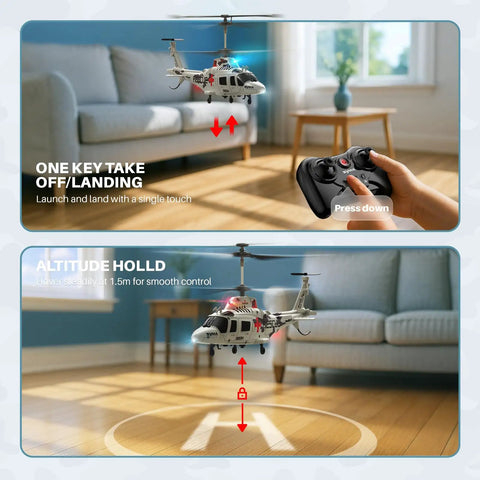 Rescue RC Helicopter for Beginners hovering indoors with a remote, showcasing lifelike design and upgraded protection system.