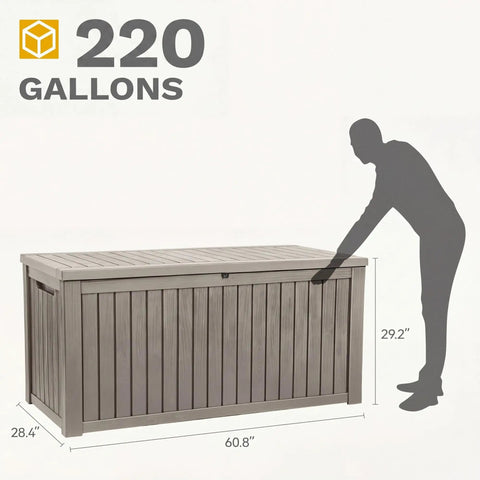 Diagram of Beefy 220 Gallon Outdoor Deck Storage Box With Removable Divider showcasing dimensions and capacity in light brown.