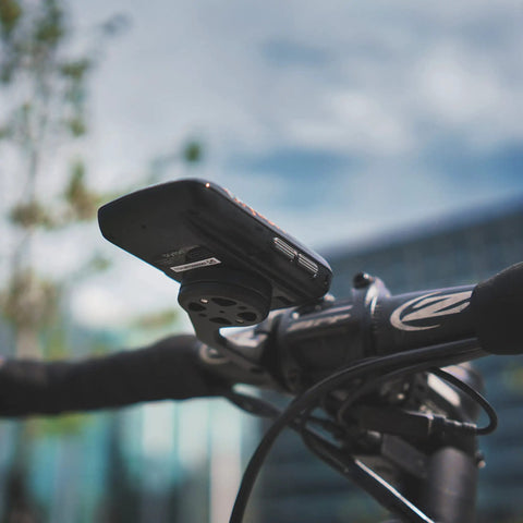 Out Front Mount For All Rider Series Devices Ride Ready 31.8 Millimeter Handlebar Compatibility Natural Viewing Angle Air Drag Reducing Bike Mount Magnetless Cadence Sensor With Dual ANT Plus BLE Tech Black on bike handlebars