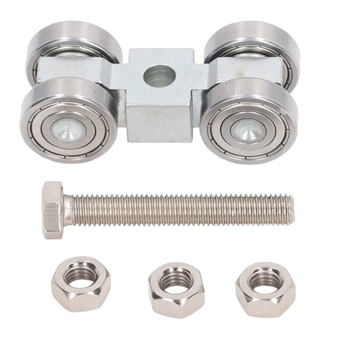 Heavy Duty Four Wheel Steel Pulley Assembly Featuring Deep Groove Ball Bearings For Smooth Rock Solid V Belt Drive And Strut Channel Gear That Kicks Ass And Never Craps Out, showing rollers and hardware.