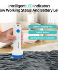Front view of DUORAN cordless electric vacuum pump, white with blue button and USB-C port, used on a vacuum storage bag