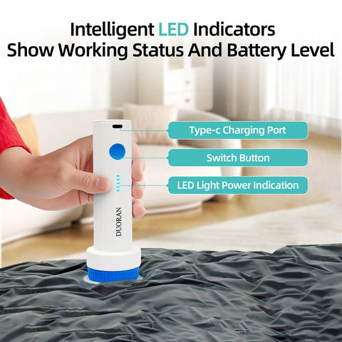 Front view of DUORAN cordless electric vacuum pump, white with blue button and USB-C port, used on a vacuum storage bag