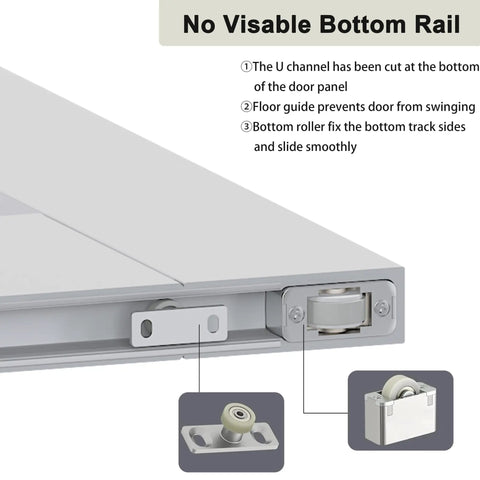 Close-up of concealed bottom track and roller system for 36 by 84 Inch Concealed Sliding Barn Door Featuring Frosted Glass Panels and Hidden Hardware to Keep Your Walls Dang Clean