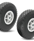 10 Inch Flat Free Tire And Wheel Assembly For Dolly Hand Trucks And Carts, Built Tough, Heavy Duty Replacement 2 Pack, Five Eighth Inch Axle Bore, Two Point Two Inch Offset Hub, Solid Rubber Tires displayed