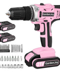 Pink 21V cordless drill kit with two batteries and assorted drill bits displayed