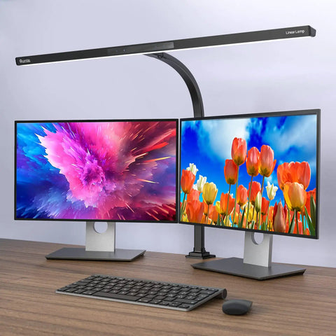 Ultra Wide LED Desk Lamp With Clamp For Your Home Office Eye Care, 31.5 Inch Long Lighting Bar on dual monitor workstation