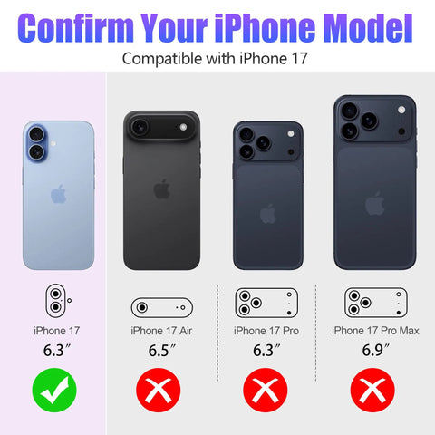 iPhone 17 compatibility chart showing models with focus on Six Pack Camera Lens Protector Kit For iPhone 17 6.3 Inch.