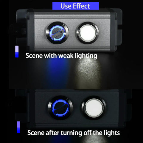 Rock Solid 19mm Three Quarter Inch Stainless Steel Rotary Switch 2NO 2NC DPDT with blue LED light, shown in dark lighting