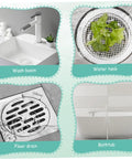 Disposable Hair Drain Stickers shown in various settings: wash basin, water tank, floor drain, and bathtub.