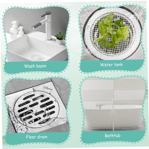 Disposable Hair Drain Stickers shown in various settings: wash basin, water tank, floor drain, and bathtub.