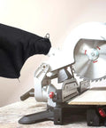 Heavy Duty Beefy Steel Wire Rim Dust Collection Bags For Miter And Table Saw With No Fuss Zipper Closure and Two Inch Port shown on miter saw.