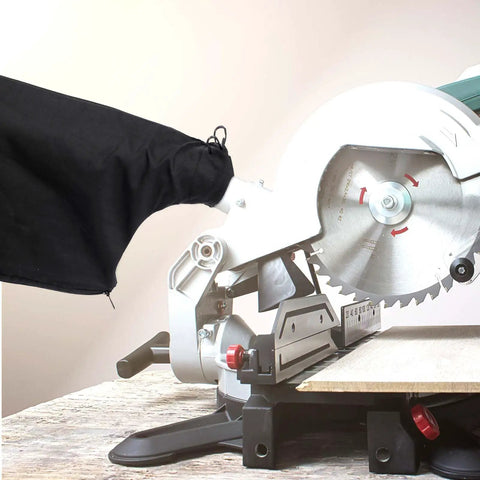 Heavy Duty Beefy Steel Wire Rim Dust Collection Bags For Miter And Table Saw With No Fuss Zipper Closure and Two Inch Port shown on miter saw.