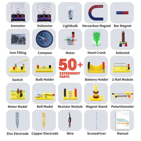 Electricity And Magnetism Kit For Kids With 50 Pieces, Fun Hands On STEM Experiments In Circuits And Electromagnetism components