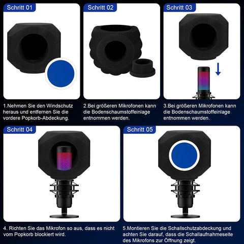 Installation guide for Pro-Grade Microphone Wind Shield Pop Filter With Five-Sided Acoustic Isolation Ball, showing assembly steps