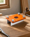 Precision Slotting Router Guide Jig Template Featuring Adjustable Clamping Block And Heavy Duty Metal Plate on workbench with tools.
