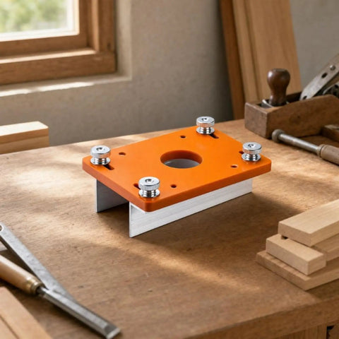 Precision Slotting Router Guide Jig Template Featuring Adjustable Clamping Block And Heavy Duty Metal Plate on workbench with tools.