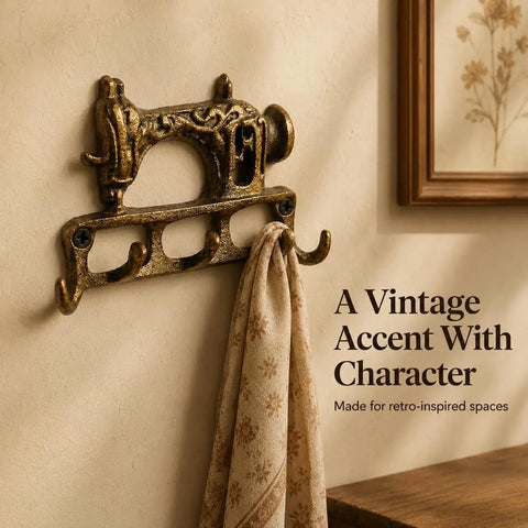 Slick Vintage Cast Iron Sewing Machine Wall Hook Rock Solid For Hanging Coats And Everyday Keys in antiqued gold finish