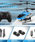 Remote Control Helicopter Toy With One Key Takeoff And Landing Auto Hover LED Lights Three Point Five Channel Gyro Stabilizer Easy No Fuss Flight For Kids Eight Plus Teens And Adults Blue with accessories including remote, extra blades, batteries, and charger.