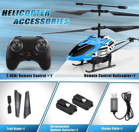 Remote Control Helicopter Toy With One Key Takeoff And Landing Auto Hover LED Lights Three Point Five Channel Gyro Stabilizer Easy No Fuss Flight For Kids Eight Plus Teens And Adults Blue with accessories including remote, extra blades, batteries, and charger.