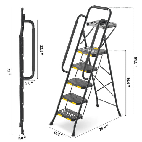 Sturdy 5 Step Steel Ladder With Anti Slip Wide Pedals Handrail And Safe Lock Design 800 Lb Capacity Folding Portable Step Stool