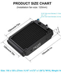 Beefy 12 Pipe Aluminum Water Cooling Radiator For PC, 120mm Liquid Cooling Heat Exchanger With 12 Tubes, DC12V Black Radiator Kit With Tubing Ideal For High Performance Gaming Rigs And Workstations With Easy Install And Upgrade Friendly Tubing. Size chart shows 155 x 120 x 27mm radiator