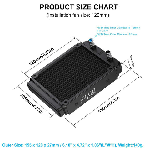 Beefy 12 Pipe Aluminum Water Cooling Radiator For PC, 120mm Liquid Cooling Heat Exchanger With 12 Tubes, DC12V Black Radiator Kit With Tubing Ideal For High Performance Gaming Rigs And Workstations With Easy Install And Upgrade Friendly Tubing. Size chart shows 155 x 120 x 27mm radiator