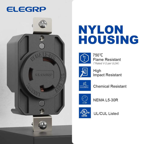 NEMA L5-30R Locking Receptacle Generator Twist Lock Outlet 30 Amp 125V with black weather-resistant nylon housing shown.