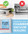 Chamber Vacuum Sealer Bags Heavy Duty BPA Free Pre Cut Pouches 8x10 displayed with compatible vacuum sealer