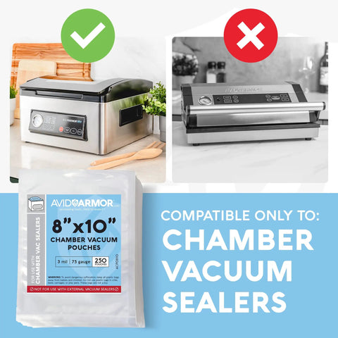 Chamber Vacuum Sealer Bags Heavy Duty BPA Free Pre Cut Pouches 8x10 displayed with compatible vacuum sealer