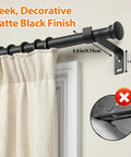 Adjustable 5/8 Inch Black Curtain Rod With Brackets For Windows And Doors Extends From 16 To 52 Inches Built For Cafe Kitchens Bedrooms Living Rooms And Sliding Glass Doors Drilling Installation Easy Mount is installed above a white window frame with beige curtains.