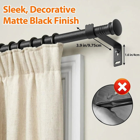 Adjustable 5/8 Inch Black Curtain Rod With Brackets For Windows And Doors Extends From 16 To 52 Inches Built For Cafe Kitchens Bedrooms Living Rooms And Sliding Glass Doors Drilling Installation Easy Mount is installed above a white window frame with beige curtains.