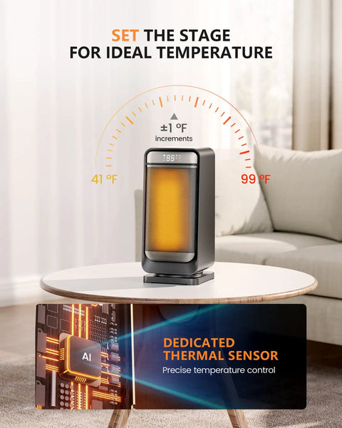 Cozy 1500W Space Heater With Remote on table showcasing temperature control features in living room setting