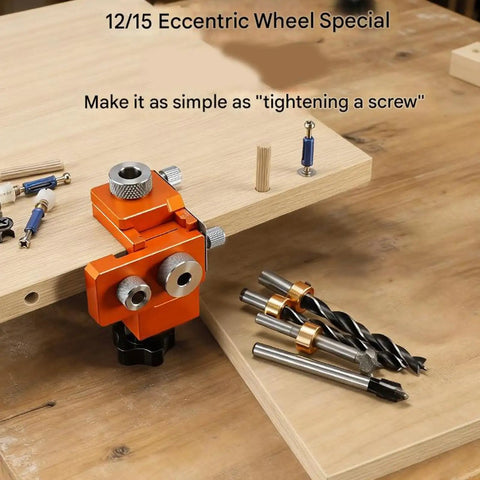 3 In 1 Wood Joinery Drill Jig Set Adjustable Hole Locator Puncher Furniture Assembly Guide showing orange steel jig on wood surface.