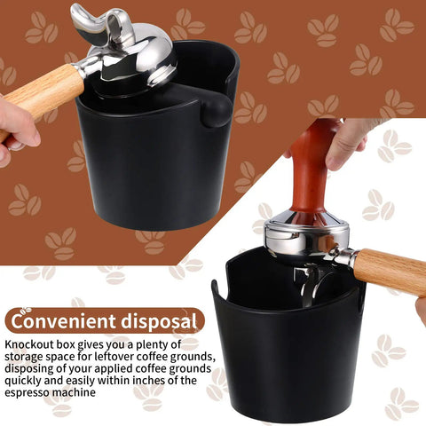 Espresso Knock Box and Tamper Mat Set for Baristas with Removable Knock Bar shown in use with coffee grounds disposal.