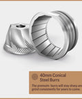 Premium Black Conical Burr Coffee Grinder Crafted For On Point Espresso Pulls Featuring Slick Micro Dial Controls A Top Shelf Build showing 40mm conical steel burrs.