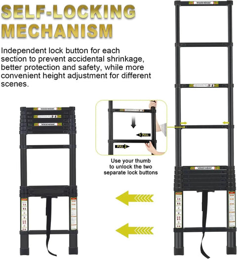 Beefy Aluminum Telescoping Ladder 20.3 Ft With Non Slip Feet For Indoor Outdoor Use Portable Extension Ladder For Housework And Outdoor Projects 330 Lb Capacity Black, self-locking mechanism