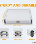 Ten Piece Pro Grade Solid Router Guide Bushing Set With Centering Pin And Cone For Porter Cable Style Sub Bases Brass Template Bushings In Eight Sizes Plus Aluminum Carrying Case featuring case dimensions, lock latch, and sturdy build.