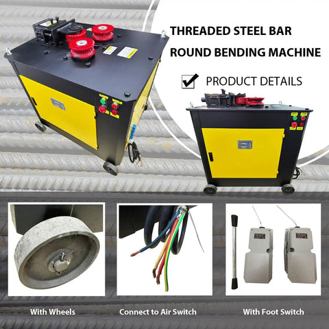 Electric Rebar Arc Bender For Steel Bars Creating Perfect Circles In Seconds With 4KW Motor, featuring wheels and air switch connections.