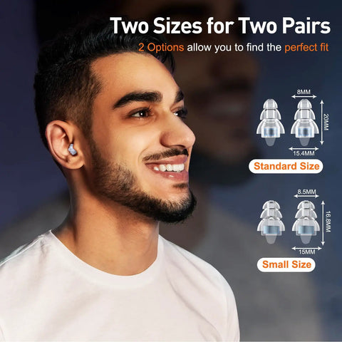 Man wearing high fidelity concert ear plugs for loud music lovers and musicians, silicone reusable earplugs with two size options.