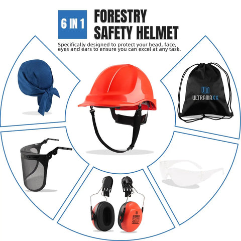 Pro-Grade All-In-One Six-In-One Chainsaw Helmet Kit With Mesh Face Shield And Earmuff Hearing Protection For Forestry Work ANSI Z89.1
