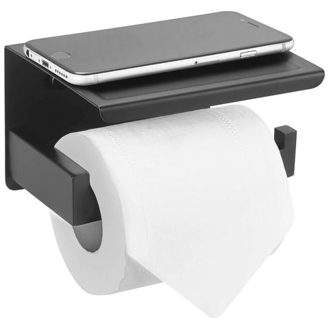 Matte Black Toilet Paper Holder With Shelf Stick On Or Wall Mount Self Adhesive Or Screws Rotate Proof Bracket Heavy Duty No Wobble Bathroom Accessory Easy Install showing phone on shelf