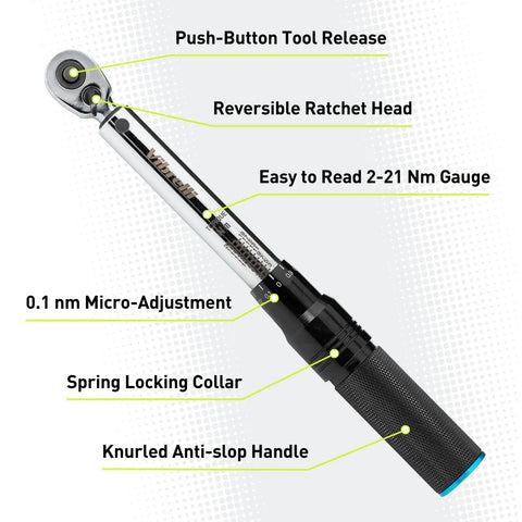 Dialed In Bike Torque Wrench Set For One Quarter Inch Drive With 2 To 20 Nm Range showing tool features and details