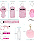 Safety Keychain Set For Women And Kids, 10 Pack Self Defense Keychains With Grab And Go Loud Personal Alarm, Safe Sound 110dB, No Touch Door Opener, Whistle And Pink Pom Poms displayed with dimensions.