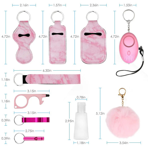 Safety Keychain Set For Women And Kids, 10 Pack Self Defense Keychains With Grab And Go Loud Personal Alarm, Safe Sound 110dB, No Touch Door Opener, Whistle And Pink Pom Poms displayed with dimensions.