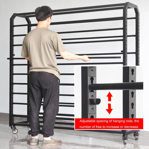 Rock Solid Commercial Fabric Roll Storage Rack Featuring Adjustable Hanging Bars For Wallpaper Linen Setup Plus Hella Sturdy Steel Frame Top Tier Workshop Organizer shown in use with adjustable bars.