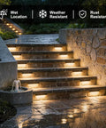 7 Inch LED Retaining Wall Light 4 Pack Linkable, Low Voltage 12V ACDC Outdoor Step Lighting illuminating wet stone steps