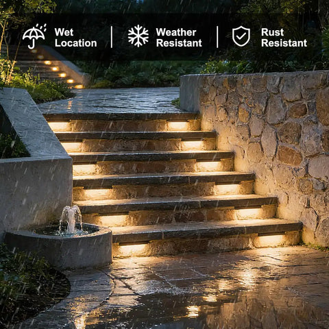 7 Inch LED Retaining Wall Light 4 Pack Linkable, Low Voltage 12V ACDC Outdoor Step Lighting illuminating wet stone steps