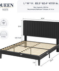Queen Size Bed Frame With Plush Velvet Upholstery And Channel Tufted Headboard Boasting Solid Wooden Slats For No Sweat Mattress Support Big Time Comfort Black Bedroom Setup dimensions and specifications, 800 lbs capacity.
